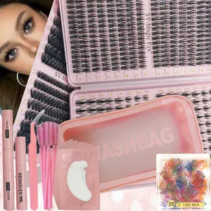 3 Box Set 1000~1300 Cluster False Eyelashes Kit, Colorful Lash, Mixed Lengths 8-16mm, 50D-60D-80D-DIY D Curl Individual Lashes, Includes Makeup Bag & Tools, Lash-Glue Bond And Seal, Remover, Eye Pads, Party and Travel, Christmas, Eyelash Extensions