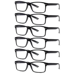 Unisex 6-Piece Classic Black Blue-Light-Blocking Presbyopia Reading Glasses, Rectangular Full-Rim Plastic Frame, Sturdy Spring-Loaded Metal Hinges, Eye Strain Relief for Daily Commutes, Holiday Gifts
