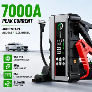 7000A Car Jump Starter with Air Compressor, Portable Jump Starter Battery Pack for All Gas & Up to 10.0L Diesel Engines, 150PSI Tire Inflator, 65W Fast Charge, Smart LCD Display, Power Bank, LED Emergency Light