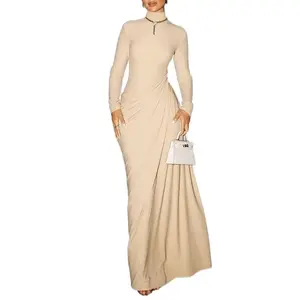 ZQ-Women's Solid Mock Neck Ruched Long Sleeve Bodycon Dress, Elegant Plain Back Cut Out Button Plicated Slim Fit Maxi Dress, Party Club Date Evening Gown Formal Dress, Ladies Spring Fall Winter Holiday Daily Casual Long Dresses For Outdoor Clothes Wear