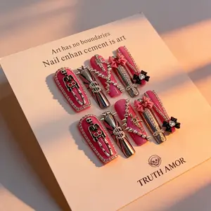 TRUTH AMOR Gothic Graffiti Dark Metal Press On Nails | Hot Pink Base with Skeleton & Stud Decor | American Baddie Style | Reusable | Perfect for Festival & Party