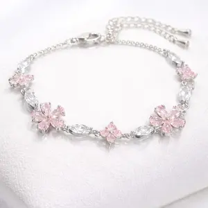 Pink Flower Crystal Bracelet for Women Adjustable Elegant Jewelry with Delicate Pink Flower Design Perfect for Casual & Formal Wear