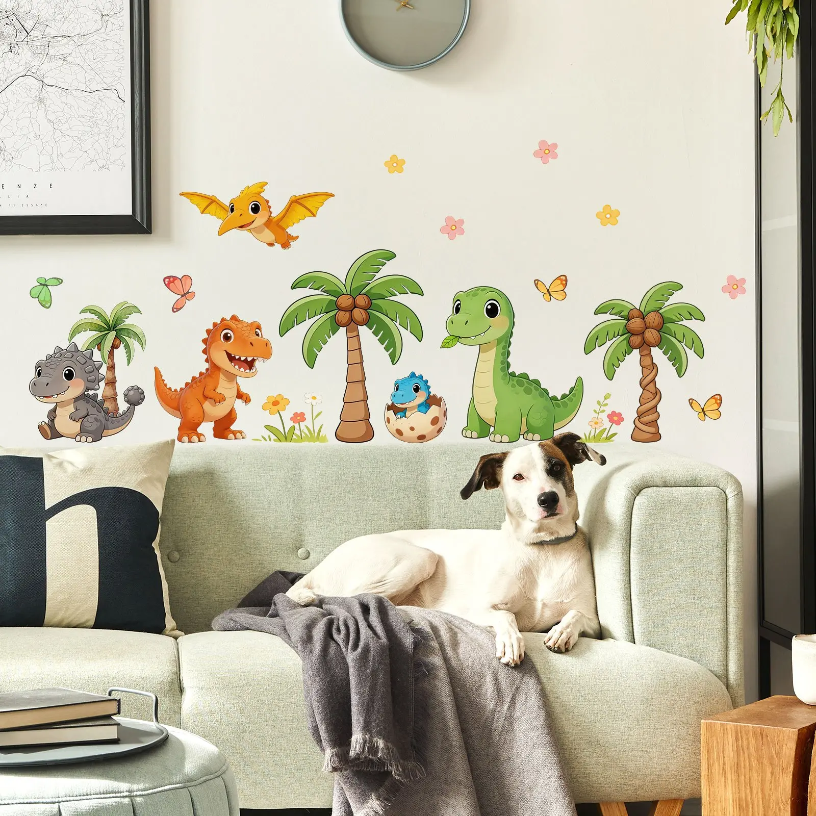 1 Pc 30×60cm Cute Cartoon Dinosaur Decorative Wall Sticker (T-Rex, Pterosaur & Palm Tree) Decoration Sticker for Living Room, Bedroom & Kids Room Home Decor Decorative Stickers