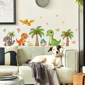 1 Pc 30×60cm Cute Cartoon Dinosaur Decorative Wall Sticker (T-Rex, Pterosaur & Palm Tree) Decoration Sticker for Living Room, Bedroom & Kids Room Home Decor