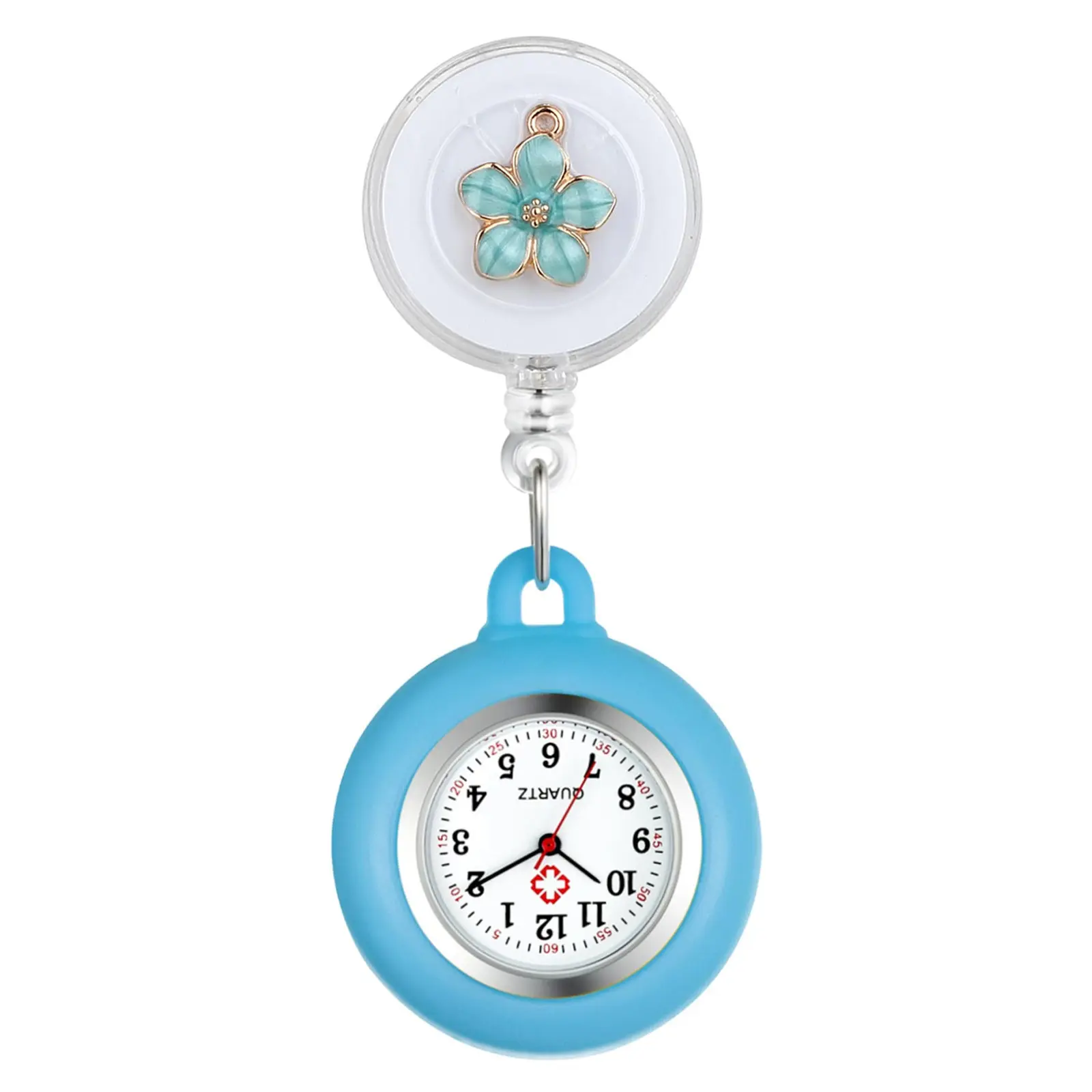 OIDEA Nurse Watch Retractable Band Blue Silicone with Green Petal Decoration, Unisex Quartz, 1ATM Water Resistant