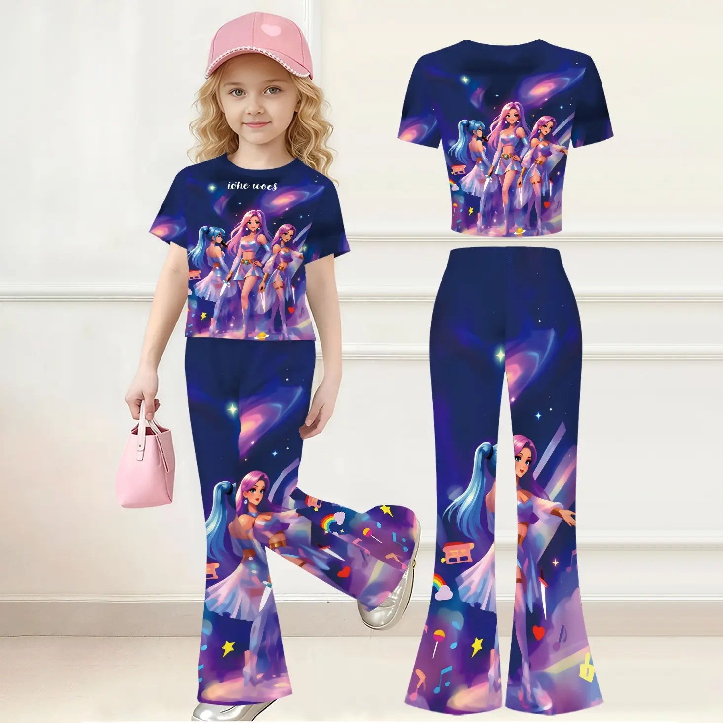 Girls' K-Pop Demon Hunter 2-Piece Outfit - Milk Silk Acrylic Wool, Casual Sporty Short-Sleeve Summer Streetwear, Trendy Fan Costume (Daily Casual & Party Performance Gift)