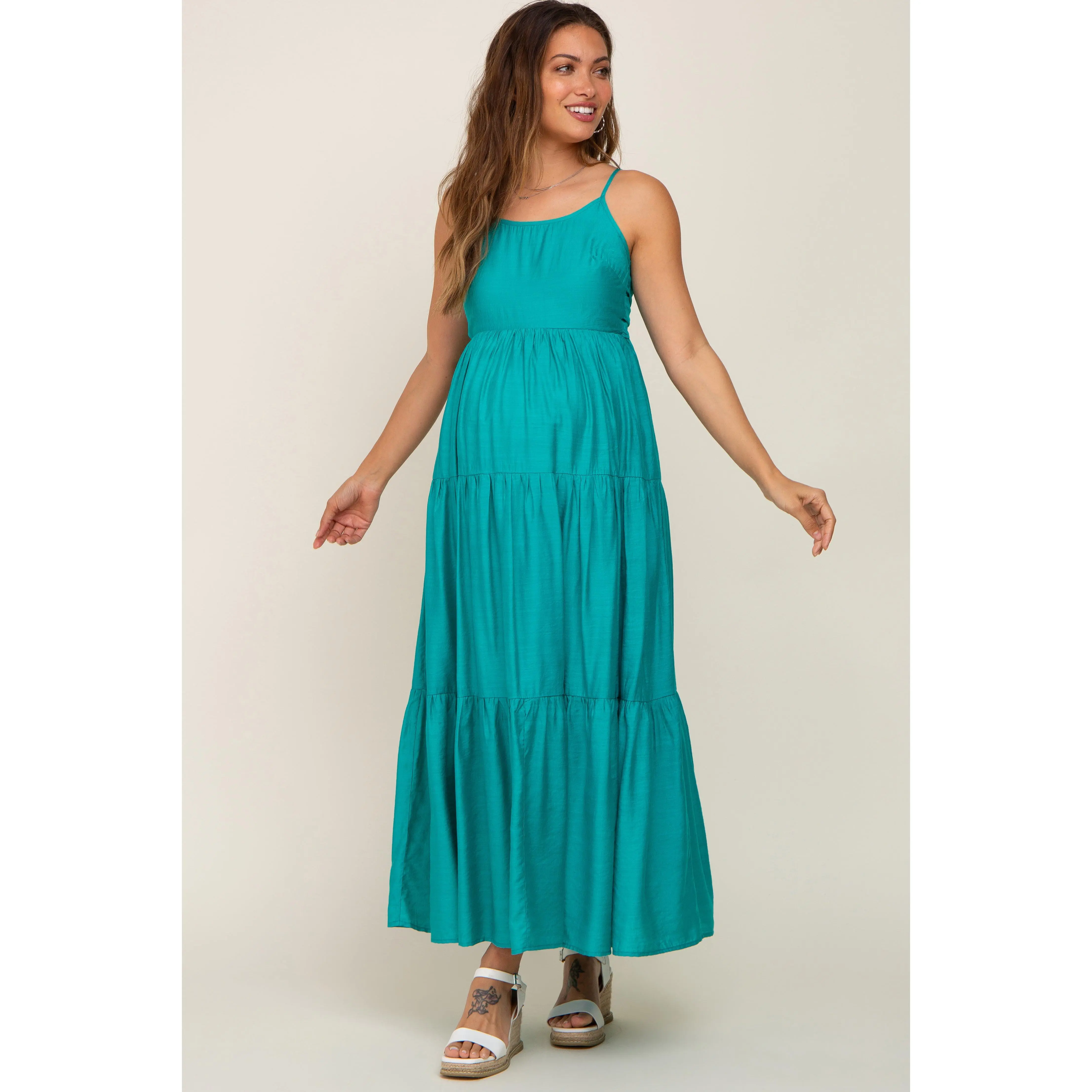 Solid Green Tiered Maternity Maxi Dress with Adjustable Straps and Self-Tie Cut-Out Back for Pregnant Women, Maternity Apparel, Baby Bump, Maternity Outfits, Casual Fit Maternity