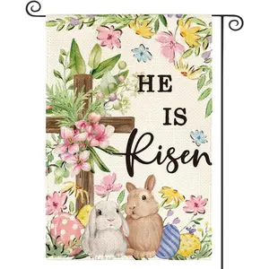 "He Is Risen" Easter Garden Flag, 12x18 Inch Double-Sided Cross & Bunny Yard Decor for Spring & Faith