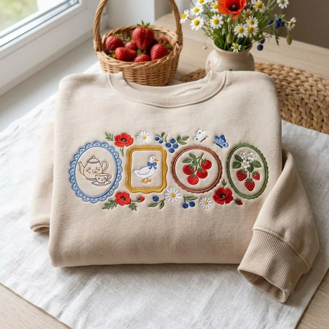 Embroidered Cottagecore Goose Sweatshirt, Floral Goose Tee, Vintage Strawberry Farm Shirt, Farmcore Aesthetic, Farmhouse Gift