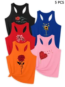 2026 Trendy Design New Tank Top, Casual Sporty Vest, Floral Letter Print, Outdoor Sports Wear, Deep Blue 5 Pack, Summer Yoga Vest