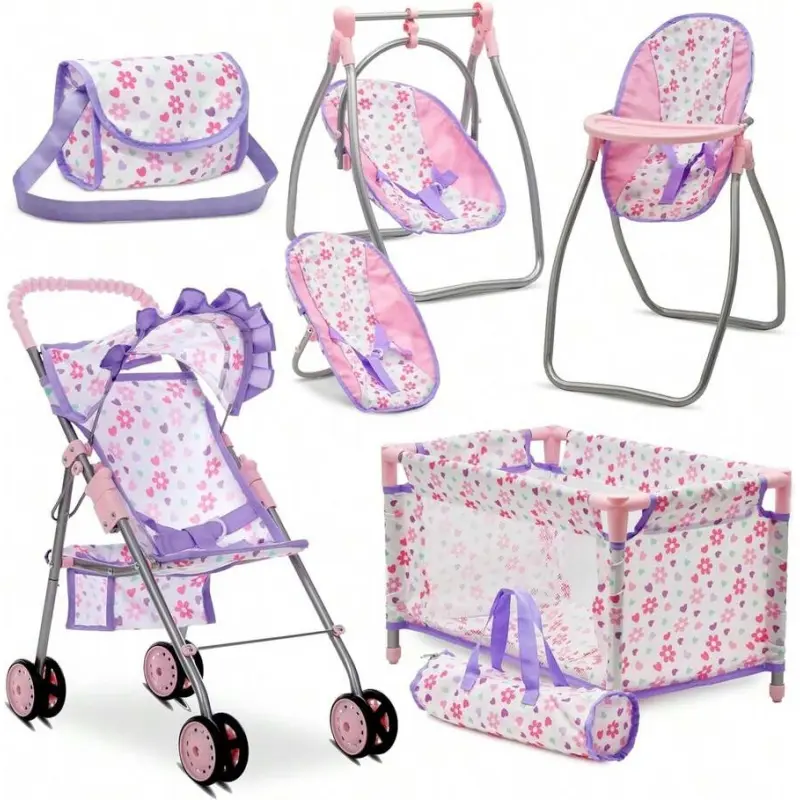 2026 Hot Deluxe Purple Floral Convertible Stroller Bed Girl Doll Toy - Complete Nursery Playset with Swing, High Chair, Ample Storage Diaper Bag, ABS/Metal Frame, Adjustable Configurations for 12-18" Dolls, Learning Role Play Entertainment Gift, 12 To 18"
