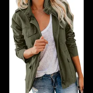 Women’s military-style jacket — a lightweight, practical, windproof jacket featuring a buttoned flap closure with a zipper. Suitable for outdoor hunting, with pockets.