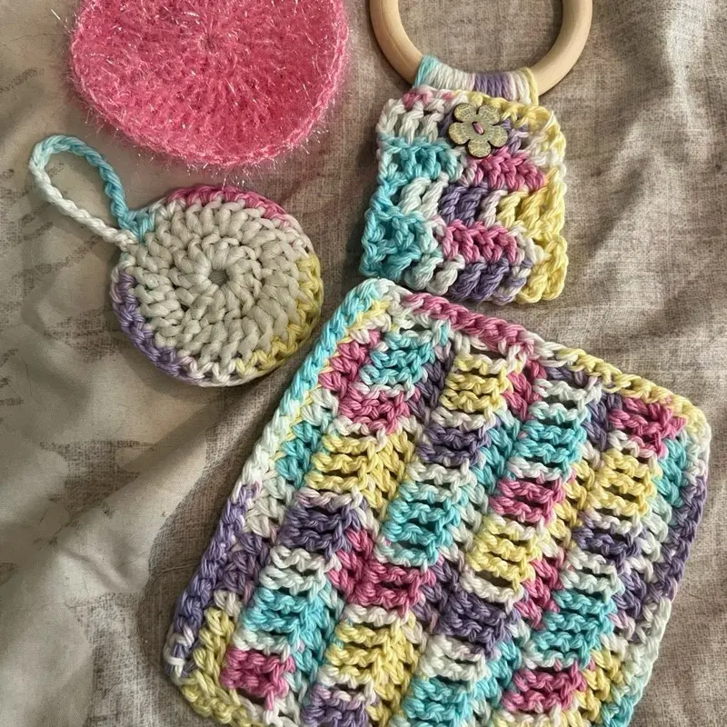 Set of 4 Crocheted Kitchen Towel Holder Dish and Veggie Scrubbie Dish Cloth with Colorful Patterns and Wooden Ring