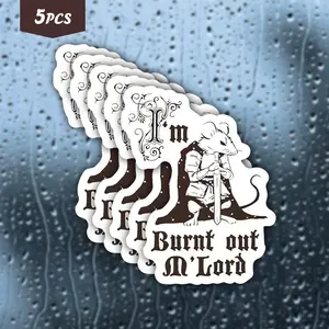 5Pcs "Burnt Out M'Lord" Knight Mouse Waterproof Vinyl Sticker, Medieval Fantasy Self-Adhesive Decal, Suitable For Water Bottles, Laptops, Notebooks, Ideal For Fantasy Fans, TTRPG Players And Burnout Humor Enthusiasts, Self Adhesive Stickers