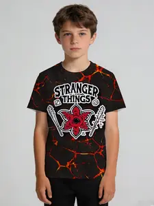 Boys' Summer Creative T-Shirt: Stranger Things IP, black base with red-orange crack texture, "STRANGER THINGS" + red flower monster print, dark TV trendy, soft breathable, casual versatile top/gift, Graphic Print Tee