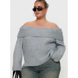 Snowie Off Shoulder Knit Sweater Grey Curve