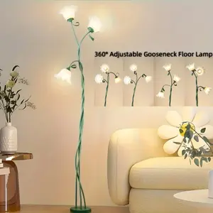 Floral floor lamp, LED tall bookshelf lamp for living room, 3 color modes, flexible gooseneck corner standing lamp with LED bulb, suitable for home bedroom office decoration