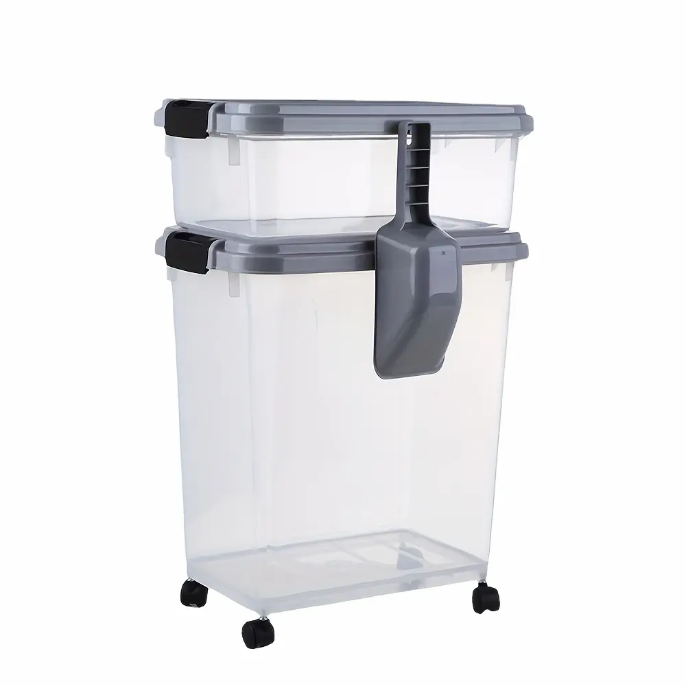 30QT + 10QT 3pcs Sealed Dog Food Storage Container Set with Spoon - Durable Plastic, Holds 30.86-37.48LB, Easy-Move Wheels, Ideal for Dog and Cat Snacks and Food, Pet Food Storage Organizer