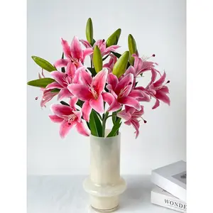 YalzoneMet RUZUQE 2 Pcs 28'' Deep Pink Lily Artificial Flowers Fake Real Touch Lilies 3 Heads Buds Faux Flora for Indoor Home Decor Outdoor Party Easter Lily Flower Table Centerpiece