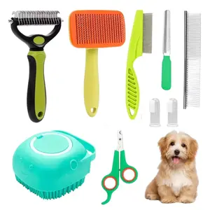 9Pcs Dog Grooming Kit - Self Cleaning Slicker Brush, Flea Comb, Nail Trimmer & Bath Brush - Pet Grooming Tools for Shedding, Trimming & Oral Care - For Dogs & Cats - Green