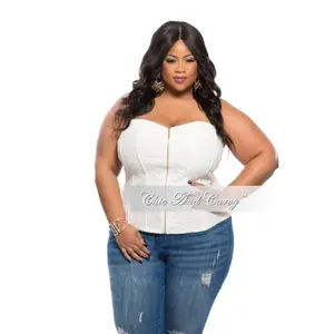 Final Sale Plus Size Strapless Zip Up Bustier Corset Top in with Gold Zipper Front in Ivory