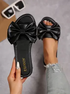 Women's Summer New Solid Color Large Bowknot Decor Round Toe Flat Outdoor Casual Beach Sandals, Comfortable Slip-On Slippers