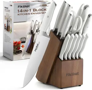 14-Piece Kitchen Knife Set with Block – FIKSHOT Full Tang High Carbon Stainless Steel Knives, Razor-Sharp Blades, Professional Chef Knife Set with Wooden Holder – Ideal for Housewarming (White)