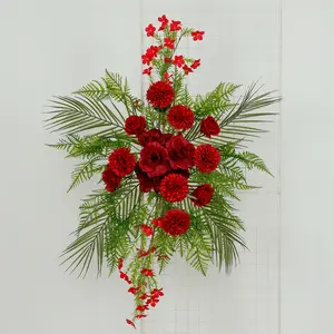 Wedding Arch Floral Swag – Artificial Burgundy Rose & Chrysanthemum with Greenery and Palm Leaves