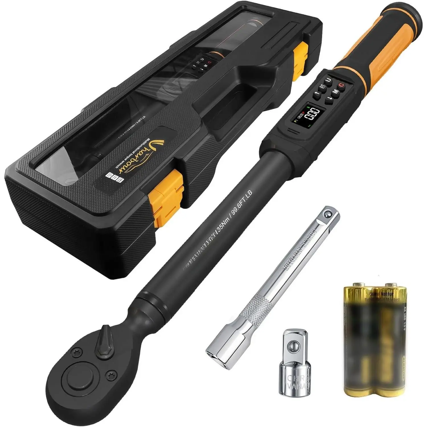 3/8 Drive Digital Torque Wrench for Automotive Users, 1.5-99.5 ft-lbs./6.8-135Nm, 4 Measurement Units, ±1% Accuracy Dual-Direction Ratchet Wrench with Multi-Alerts (Vibration, Buzzer, LED) & Manufacturer Warranty, Four Measurement Units