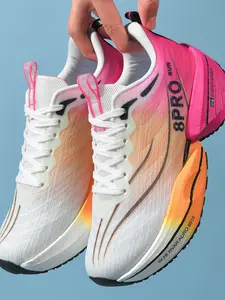 Parent-Child Yellow-Pink Color-Block Lightning Print Running Shoes, Dynamic Cool Style, Breathable Mesh + Lightweight Cushion Sole + Lightning Decor, Color-Block Eye-Catching, Lightweight Fit , Ideal for Sports Training & Parent-Child Leisure Outings