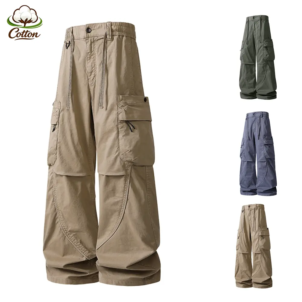 Workwear Utility Wide Leg Cargo Pants, Back Half Elastic Drawcord Waist, Metal D-Ring Decor Drawstring Side Flap Pockets, Smooth Plain Cotton Labor Trousers