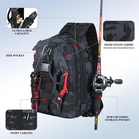 Multifunctional Convertible Fishing Backpack Sling Bag - 1000D Nylon Water-Resistant Gear Supplies Carrier, Men’s Outdoor Chest/Tackle Bag with Rod Holder, MOLLE Straps, Extra Waist Strap (Outdoor/Sport Fishing Accessory; Accessories Not Included)