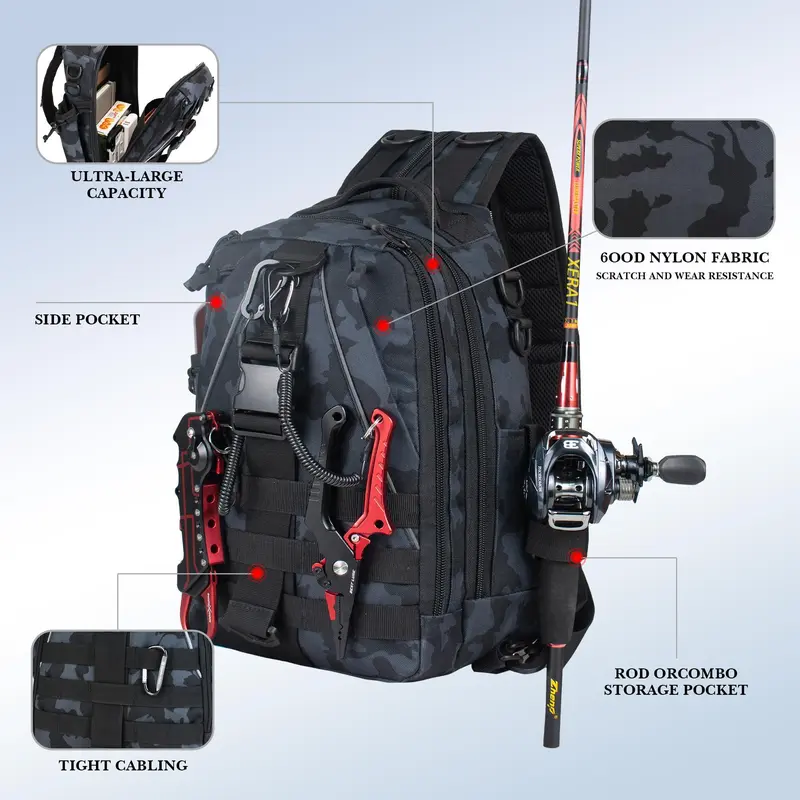 Multifunctional Convertible Fishing Backpack Sling Bag - 1000D Nylon Water-Resistant Gear Supplies Carrier, Men’s Outdoor Chest/Tackle Bag with Rod Holder, MOLLE Straps, Extra Waist Strap (Outdoor/Sport Fishing Accessory; Accessories Not Included)