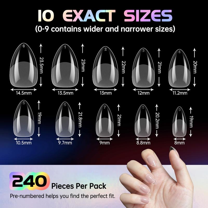 【Pluieor Official】Short Almond Nail Tips - 240Pcs Semi-Matte Full Cover Clear False Nails,10 Sizes Premium PMMA Fake Nails , Shatterproof & Flexible Press on Nails for Salons & DIY