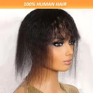 Wholesale 2025 NEW Human Hair Elegant Kinky Straight Hair Topper with Bangs for Women, 3-Clip Full Mechanism, Yaki Straight Style, Universal Fit - Natural Black