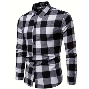 GGOR Men'S Long Sleeve Plaid Shirt, Standing Collar Casual Button Slim Top, Work Shirt, Casual Shirt 4pcs