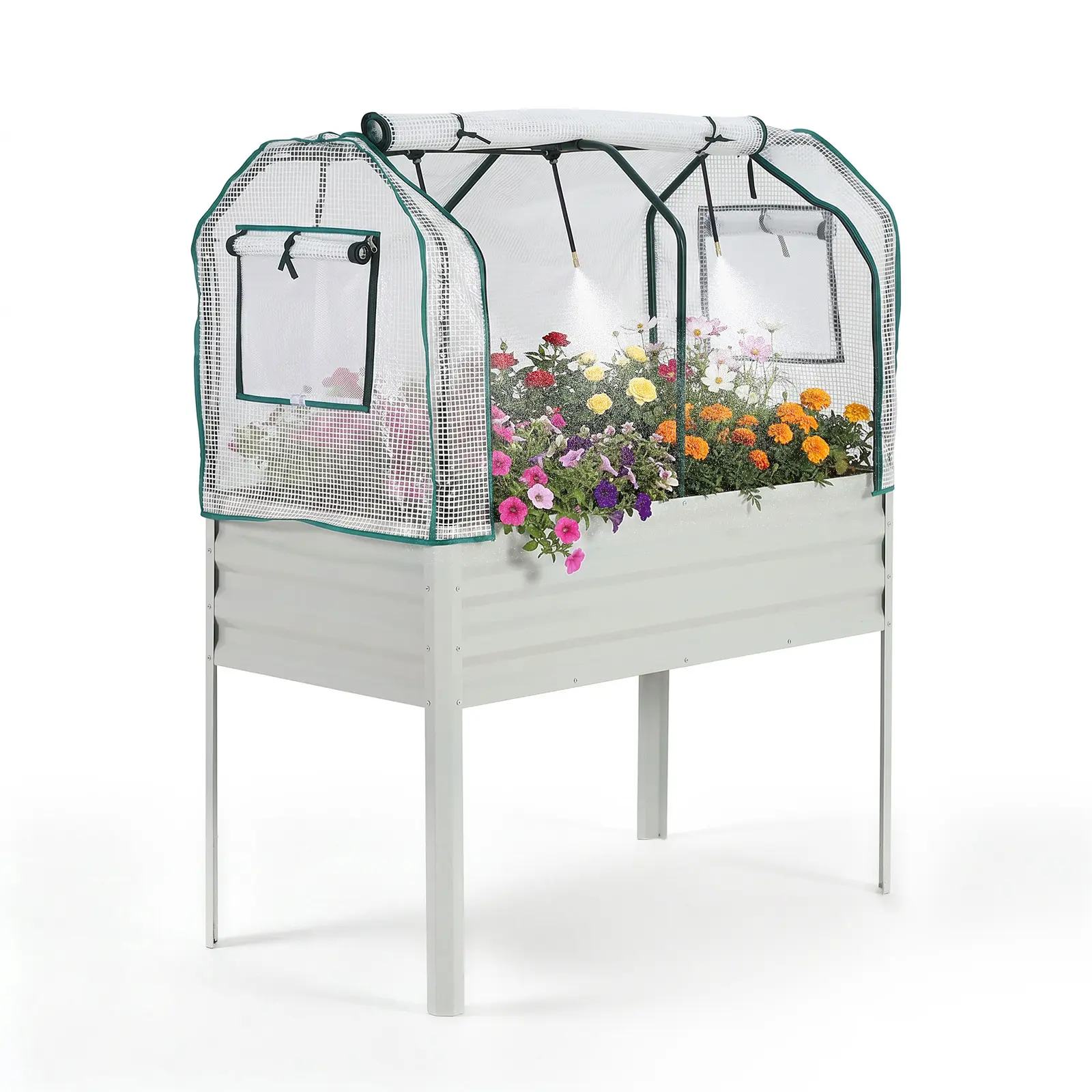 Garvee Silver Galvanized Elevated Raised Garden Bed with Legs, 48×24×55in Large Standing Metal Planter Box with Built-In Spray Tube & Protective Cover, Easy Watering Outdoor Planter for Vegetables & Flowers