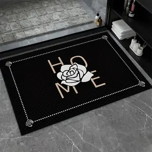 1 Piece Bathroom Floor Mats with Floral Patterns on a Black Background - Non-Slip and Absorbent Designs for Children's Showers, kitchen, laundry room, easy to clean Decorative home decor accessory, fun bathroom decor, polyester bathroom rug