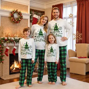 Family Matching Christmas Pajamas Set Long Sleeve Christmas Tree Letter Print Tops Green Plaid Pants Sleepwear Outfits