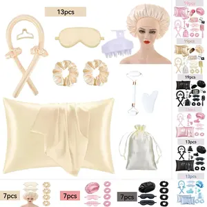 13-Piece No Heat Curling Set & Skincare Kit, Satin Pillowcase, Sleep Cap, Eye Mask, Hair Ties, Scalp Massager, Face Roller, Scraping Board, Heatless Styling Tools, Heatless Curling Rod, Sleep Bonnets
