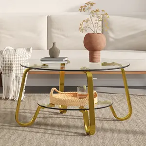 Retro Minimalist Style Metal Frame Double-Layer Tempered Glass Coffee Table 31.5x31.5x17.7 Inches Vintage Design for Living Room Elegance