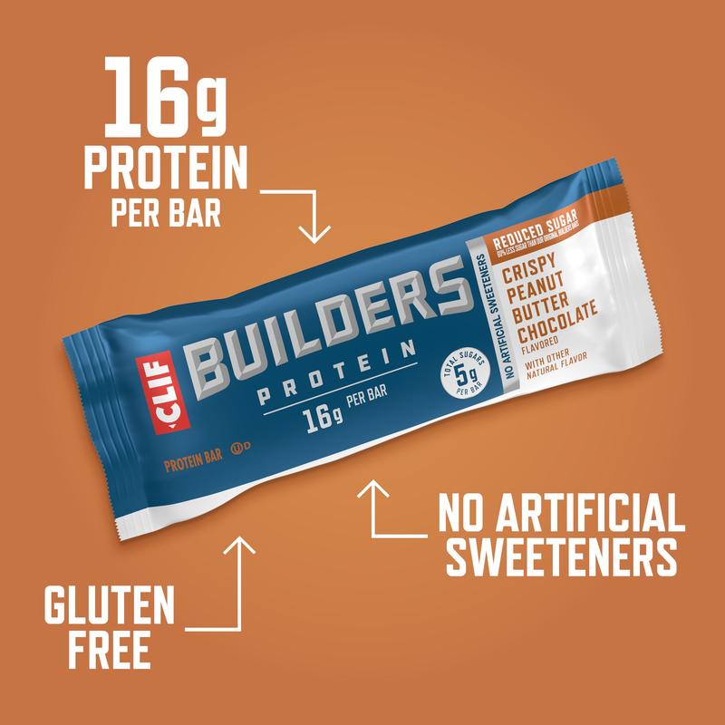 CLIF BUILDERS Protein Bars - Crispy Peanut Butter Chocolate Flavored - Reduced Sugar - Gluten Free (12 Pack)