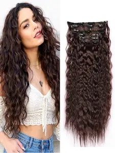 6PCS Glueless Clip in Hair Extensions 24" Synthetic Long Curly Wavy Hair Extensions Natural Thick Deep Wave Hairpieces for Women Chocolate Brown Color