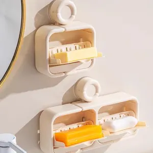 【FathersDayGift】Wall-Mounted Soap Holder with Suction Cup Lid, No-Drill Dual Drainage Storage, Bathroom Soap Box, Hanging Soap Dish, Bathroom Accessories