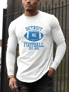 Detroit Football Print Men's Casual Round Neck Long Sleeve T-Shirt, Polyester Knit Slight Stretch, Fall Fashion Top