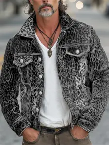Men's Leopard Print Denim Jacket, Casual Fitted Jacket, Korean Style Vintage Trendy, Casual Slim-Fitting Workwear Coat, All Seasons Fashion