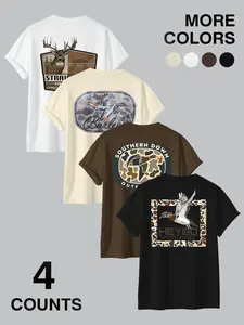 American Outdoor Hunting Animal Print T-Shirt Set, Camouflage Theme Casual Short Sleeve Tops, Fitted Long Clothing, 4 Piece Combo, Casual Streetwear Top