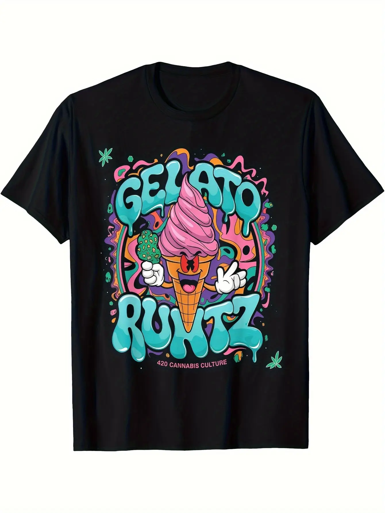 Men'S Gelato Runtz Stoner Cannabis Strain Graphic Tee - Black Casual Short Sleeve Shirt Featuring a Bright Ice Cream Cone And Leaf Print, Regular Fit, Washable in Machine, Leisure Wear with a Striking Colorful Design Using Digital Heat Transfer