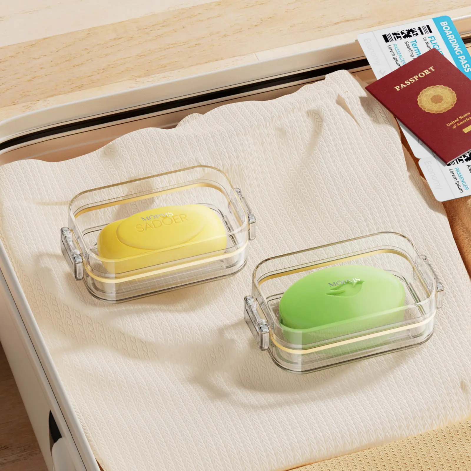MOPMS 100% Leakproof Travel Soap Case, Dual-Sided Snap Closures with Silicone Seal, Raised Drainage Tray for Dryness, 2-in-1 Portable PC Container & Bathroom Countertop Dish (Fits Most Standard Bars)