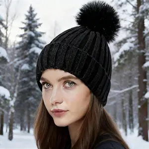 Winter Hats for Women Satin Lined Beanie Hats,  Knit Ski Hat Winter Cap for Women Pom Pom Beanie